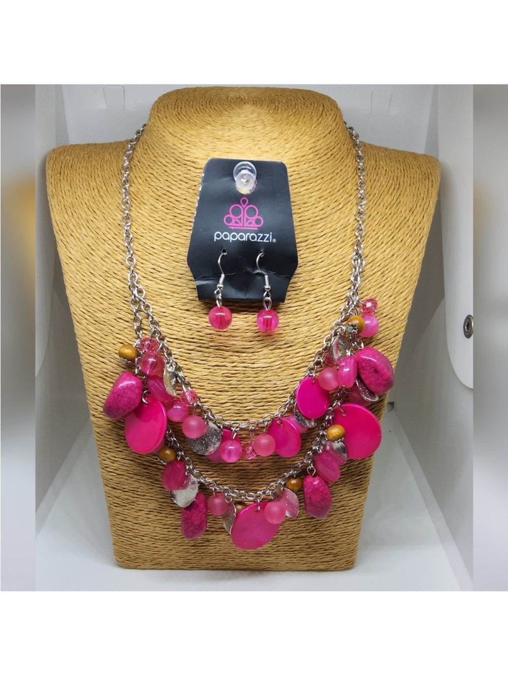 paparazzi Hot Pink Multi-Charm Layered Necklace with Earrings